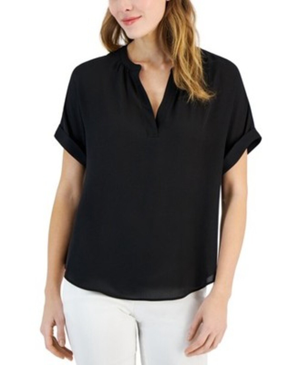 T Tahari Split-Neck Rolled-Cuff Top Women's L Black Solid Short Sleeve Pullover